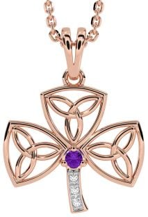 Diamond Amethyst Rose Gold Silver Shamrock Trinity Knot Necklace