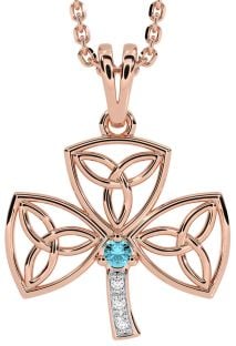 Diamond Aquamarine Rose Gold Silver Shamrock Trinity Knot Necklace