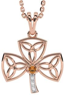 Diamond Citrine Rose Gold Silver Shamrock Trinity Knot Necklace