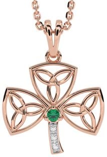 Diamond Emerald Rose Gold Silver Shamrock Trinity Knot Necklace