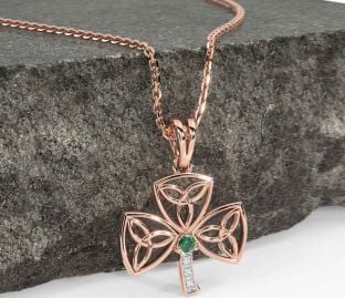 Diamond Emerald Rose Gold Silver Shamrock Trinity Knot Necklace
