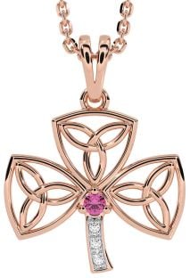 Diamond Pink Tourmaline Rose Gold Silver Shamrock Trinity Knot Necklace