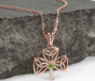 Diamond Peridot Rose Gold Silver Shamrock Trinity Knot Necklace