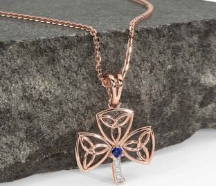 Diamond Sapphire Rose Gold Silver Shamrock Trinity Knot Necklace