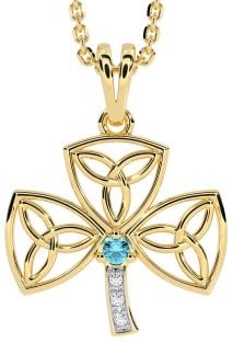 Diamond Aquamarine Gold Silver Shamrock Trinity Knot Necklace