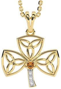 Diamond Citrine Gold Silver Shamrock Trinity Knot Necklace