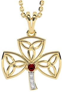 Diamond Garnet Gold Silver Shamrock Trinity Knot Necklace