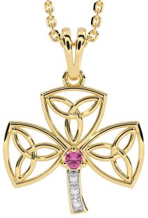 Diamond Pink Tourmaline Gold Silver Shamrock Trinity Knot Necklace