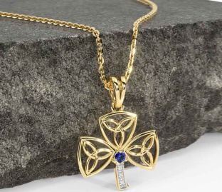 Diamond Sapphire Gold Silver Shamrock Trinity Knot Necklace
