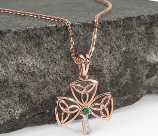 Diamond Emerald Rose Gold Shamrock Trinity Knot Necklace