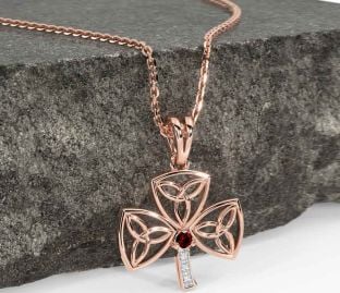 Diamond Garnet Rose Gold Shamrock Trinity Knot Necklace