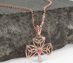 Diamond Pink Tourmaline Rose Gold Shamrock Trinity Knot Necklace