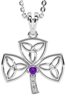 Diamond Amethyst Silver Shamrock Trinity Knot Necklace