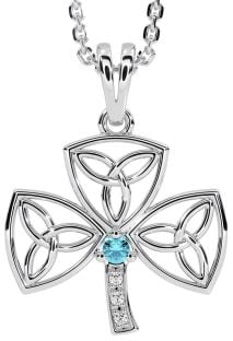 Diamond Aquamarine Silver Shamrock Trinity Knot Necklace