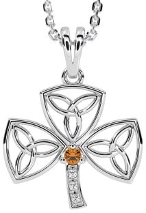 Diamond Citrine Silver Shamrock Trinity Knot Necklace