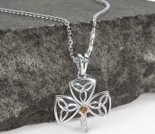 Diamond Citrine Silver Shamrock Trinity Knot Necklace