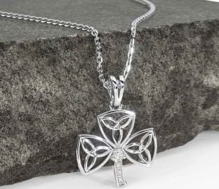 Diamond Silver Shamrock Trinity Knot Necklace