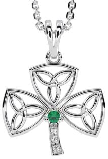 Diamond Emerald Silver Shamrock Trinity Knot Necklace