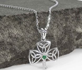 Diamond Emerald Silver Shamrock Trinity Knot Necklace