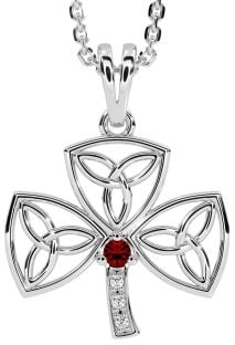 Diamond Garnet Silver Shamrock Trinity Knot Necklace