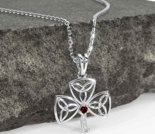 Diamond Garnet Silver Shamrock Trinity Knot Necklace