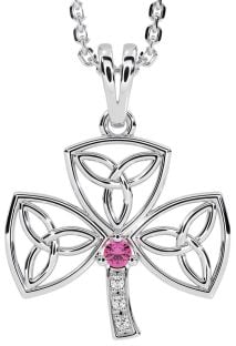 Diamond Pink Tourmaline Silver Shamrock Trinity Knot Necklace