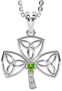 Diamond Peridot Silver Shamrock Trinity Knot Necklace