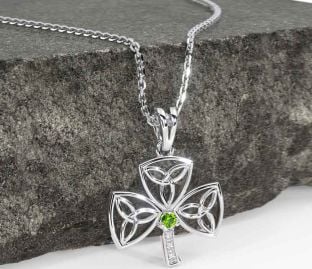 Diamond Peridot Silver Shamrock Trinity Knot Necklace