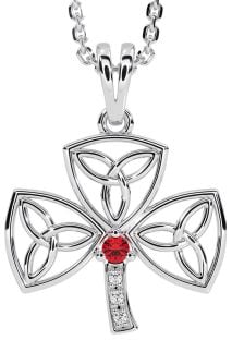 Diamond Ruby Silver Shamrock Trinity Knot Necklace