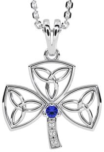 Diamond Sapphire Silver Shamrock Trinity Knot Necklace