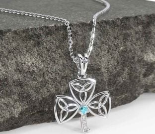 Diamond Aquamarine White Gold Shamrock Trinity Knot Necklace