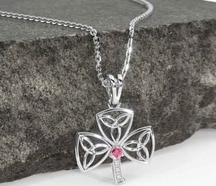Diamond Pink Tourmaline White Gold Shamrock Trinity Knot Necklace