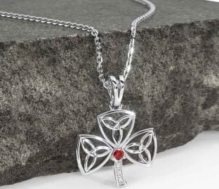 Diamond Ruby White Gold Shamrock Trinity Knot Necklace