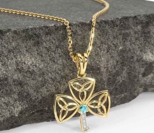 Diamond Aquamarine Gold Shamrock Trinity Knot Necklace