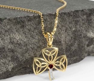 Diamond Garnet Gold Shamrock Trinity Knot Necklace