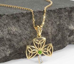 Diamond Peridot Gold Shamrock Trinity Knot Necklace