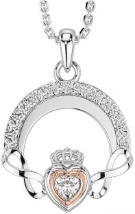 Diamond Rose Gold Silver Claddagh Celtic Trinity Knot Infinity Necklace