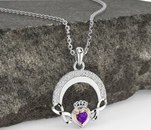 Amethyst Gold Silver Claddagh Celtic Trinity Knot Infinity Necklace