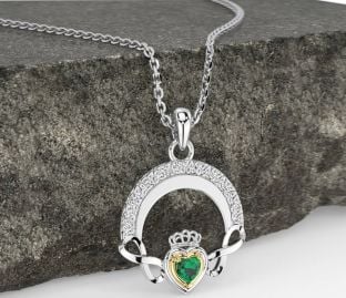 Emerald Gold Silver Claddagh Celtic Trinity Knot Infinity Necklace