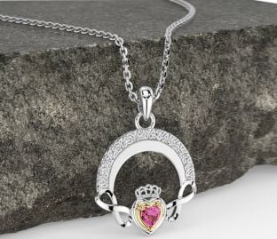 Pink Tourmaline Gold Silver Claddagh Celtic Trinity Knot Infinity Necklace