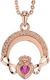 Pink Tourmaline Rose Gold Silver Claddagh Celtic Trinity Knot Infinity Necklace