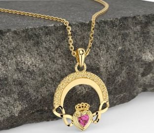 Pink Tourmaline Gold Silver Claddagh Celtic Trinity Knot Infinity Necklace