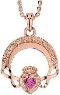 Pink Tourmaline Rose Gold Claddagh Celtic Trinity Knot Infinity Necklace