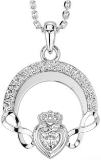 Diamond Silver Claddagh Celtic Trinity Knot Infinity Necklace