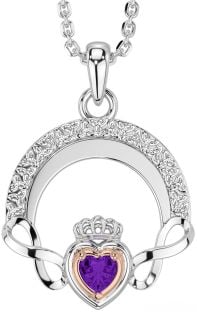 Amethyst White Rose Gold Claddagh Celtic Trinity Knot Infinity Necklace