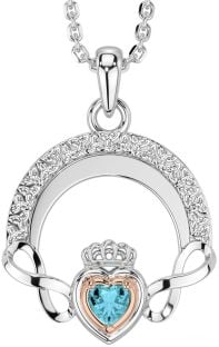 Aquamarine White Rose Gold Claddagh Celtic Trinity Knot Infinity Necklace