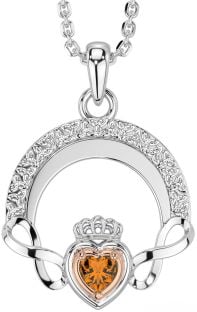 Citrine White Rose Gold Claddagh Celtic Trinity Knot Infinity Necklace