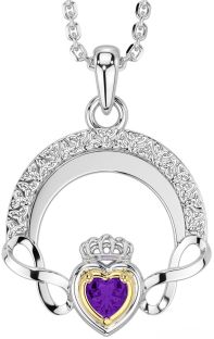 Amethyst White Yellow Gold Claddagh Celtic Trinity Knot Infinity Necklace