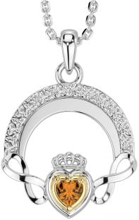 Citrine White Yellow Gold Claddagh Celtic Trinity Knot Infinity Necklace