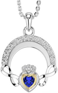 Sapphire White Yellow Gold Claddagh Celtic Trinity Knot Infinity Necklace